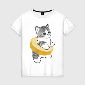 Женская футболка хлопок с принтом Котёнок в бублике в Екатеринбурге, 100% хлопок | прямой крой, круглый вырез горловины, длина до линии бедер, слегка спущенное плечо | арт | бублик | кот | котёнок | кошка | милая кошка | милый кот | милый котёнок | пончик | рисунок