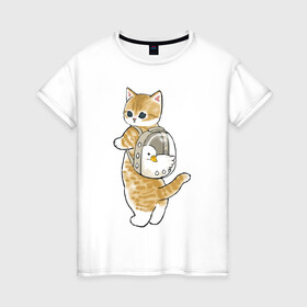 Женская футболка хлопок с принтом Котёнок с гусём в Екатеринбурге, 100% хлопок | прямой крой, круглый вырез горловины, длина до линии бедер, слегка спущенное плечо | арт | гусь | домашнее животное | кот | котёнок | кошка | милая кошка | милый кот | милый котёнок | пончик | прогулка | рисунок | рюкзак