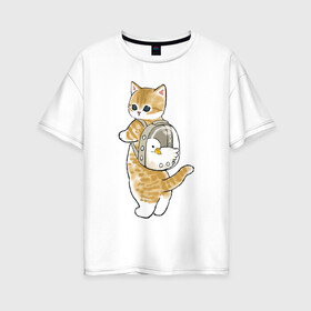 Женская футболка хлопок Oversize с принтом Котёнок с гусём в Екатеринбурге, 100% хлопок | свободный крой, круглый ворот, спущенный рукав, длина до линии бедер
 | арт | гусь | домашнее животное | кот | котёнок | кошка | милая кошка | милый кот | милый котёнок | пончик | прогулка | рисунок | рюкзак