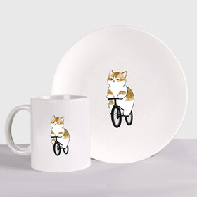 Набор: тарелка + кружка с принтом Котик на велосипеде в Екатеринбурге, керамика | Кружка: объем — 330 мл, диаметр — 80 мм. Принт наносится на бока кружки, можно сделать два разных изображения. 
Тарелка: диаметр - 210 мм, диаметр для нанесения принта - 120 мм. | арт | велосипед | ветер | кот | котёнок | кошка | милая кошка | милый кот | милый котёнок | отдых | отдыхает | пончик | рисунок
