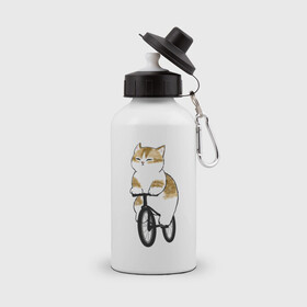 Бутылка спортивная с принтом Котик на велосипеде в Екатеринбурге, металл | емкость — 500 мл, в комплекте две пластиковые крышки и карабин для крепления | Тематика изображения на принте: арт | велосипед | ветер | кот | котёнок | кошка | милая кошка | милый кот | милый котёнок | отдых | отдыхает | пончик | рисунок