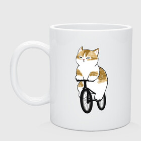 Кружка керамическая с принтом Котик на велосипеде в Екатеринбурге, керамика | объем — 330 мл, диаметр — 80 мм. Принт наносится на бока кружки, можно сделать два разных изображения | Тематика изображения на принте: арт | велосипед | ветер | кот | котёнок | кошка | милая кошка | милый кот | милый котёнок | отдых | отдыхает | пончик | рисунок