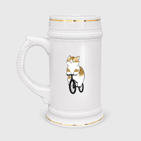 Кружка пивная с принтом Котик на велосипеде в Екатеринбурге,  керамика (Материал выдерживает высокую температуру, стоит избегать резкого перепада температур) |  объем 630 мл | Тематика изображения на принте: арт | велосипед | ветер | кот | котёнок | кошка | милая кошка | милый кот | милый котёнок | отдых | отдыхает | пончик | рисунок