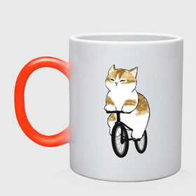 Кружка хамелеон с принтом Котик на велосипеде в Екатеринбурге, керамика | меняет цвет при нагревании, емкость 330 мл | Тематика изображения на принте: арт | велосипед | ветер | кот | котёнок | кошка | милая кошка | милый кот | милый котёнок | отдых | отдыхает | пончик | рисунок