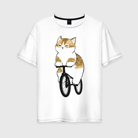 Женская футболка хлопок Oversize с принтом Котик на велосипеде в Екатеринбурге, 100% хлопок | свободный крой, круглый ворот, спущенный рукав, длина до линии бедер
 | Тематика изображения на принте: арт | велосипед | ветер | кот | котёнок | кошка | милая кошка | милый кот | милый котёнок | отдых | отдыхает | пончик | рисунок