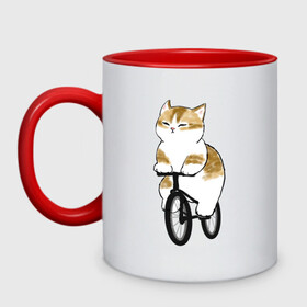 Кружка двухцветная с принтом Котик на велосипеде в Екатеринбурге, керамика | объем — 330 мл, диаметр — 80 мм. Цветная ручка и кайма сверху, в некоторых цветах — вся внутренняя часть | Тематика изображения на принте: арт | велосипед | ветер | кот | котёнок | кошка | милая кошка | милый кот | милый котёнок | отдых | отдыхает | пончик | рисунок