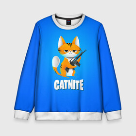 Детский свитшот 3D с принтом Catnite в Екатеринбурге, 100% полиэстер | свободная посадка, прямой крой, мягкая тканевая резинка на рукавах и понизу свитшота | cs go | fortnite | кот | котик | смешной кот | смешной фортнайт | фортнайт | шутер