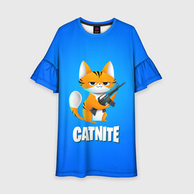 Детское платье 3D с принтом Catnite в Екатеринбурге, 100% полиэстер | прямой силуэт, чуть расширенный к низу. Круглая горловина, на рукавах — воланы | Тематика изображения на принте: cs go | fortnite | кот | котик | смешной кот | смешной фортнайт | фортнайт | шутер