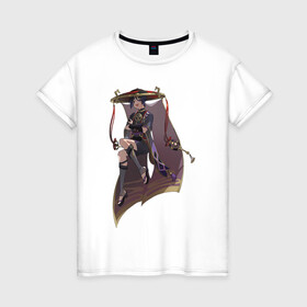 Женская футболка хлопок с принтом Скарамучча в Екатеринбурге, 100% хлопок | прямой крой, круглый вырез горловины, длина до линии бедер, слегка спущенное плечо | арт | баал | инадзума | милый парень | рисунок | скарамучча | фатуи