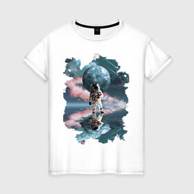 Женская футболка хлопок с принтом Зеркальное Отражение в Екатеринбурге, 100% хлопок | прямой крой, круглый вырез горловины, длина до линии бедер, слегка спущенное плечо | вода | закат | зеркало | космонавт | космос | луна | озеро | отражение | тучи