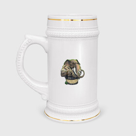 Кружка пивная с принтом Слон-военный в Екатеринбурге,  керамика (Материал выдерживает высокую температуру, стоит избегать резкого перепада температур) |  объем 630 мл | автомат | арт | животное | зверь | оружие | рисунок | слон | человекоподобный