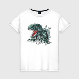 Женская футболка хлопок с принтом Динозавр в Екатеринбурге, 100% хлопок | прямой крой, круглый вырез горловины, длина до линии бедер, слегка спущенное плечо | динозавр | тиранозавр | угроза | хищник | эра