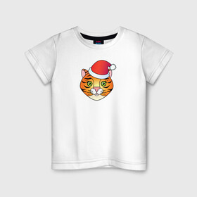 Детская футболка хлопок с принтом Мордочка Тигра в колпаке Санты в Екатеринбурге, 100% хлопок | круглый вырез горловины, полуприлегающий силуэт, длина до линии бедер | 2022 | колпак санты | новый год | символ | тигр