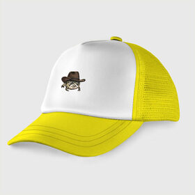 Детская кепка тракер с принтом Дождевая лягушка в шляпе в Екатеринбурге, Козырек - 100% хлопок. Кепка - 100% полиэстер, Задняя часть - сетка | универсальный размер, пластиковая застёжка | Тематика изображения на принте: cowboy | cowboy hat | desert rain frog | howdy meme | meme | дождевая лягушка | иллюстрация | ковбой | ковбойская шляпа | лягуха | мемы | настроение | недовольное лицо | прикольные картинки | рисунок | сердитая лягушка