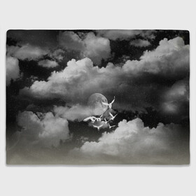 Плед 3D с принтом Cloudy Night в Екатеринбурге, 100% полиэстер | закругленные углы, все края обработаны. Ткань не мнется и не растягивается | clouds | moon | night | northern lights | ravens | stars | вороны | звезды | луна | ночное небо | облака | птицы | тучи