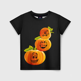 Детская футболка 3D с принтом Хэллоуин смешные тыквы в Екатеринбурге, 100% гипоаллергенный полиэфир | прямой крой, круглый вырез горловины, длина до линии бедер, чуть спущенное плечо, ткань немного тянется | день всех святых | забавные рожицы | карнавал | праздник | смешные | тыквы | хэллоуин