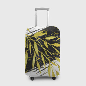 Чехол для чемодана 3D с принтом Абстракция с золотыми листьями в Екатеринбурге, 86% полиэфир, 14% спандекс | двустороннее нанесение принта, прорези для ручек и колес | абстрактный | абстракция | белый | графика | золотистый | золото | золотой | крупная | крупный | листва | листики | листья | мазки | черный
