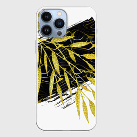 Чехол для iPhone 13 Pro Max с принтом Абстракция с золотыми листьями в Екатеринбурге,  |  | абстрактный | абстракция | белый | графика | золотистый | золото | золотой | крупная | крупный | листва | листики | листья | мазки | черный
