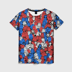 Женская футболка 3D с принтом Бело-сине-красные матрёшки в Екатеринбурге, 100% полиэфир ( синтетическое хлопкоподобное полотно) | прямой крой, круглый вырез горловины, длина до линии бедер | matryoshka | матрешка | паттерн | россия | русский | славянский | триколор | узор | флаг
