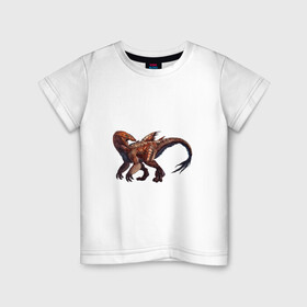 Детская футболка хлопок с принтом Сегнозавр в Екатеринбурге, 100% хлопок | круглый вырез горловины, полуприлегающий силуэт, длина до линии бедер | Тематика изображения на принте: арт | динозавр | динозавр с перьями | доисторические | красный | красный динозавр | крылья | перья | рисунок | сегнозавр | теризинозавр | хищник