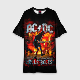 Детское платье 3D с принтом AC/DC HELLS BELLS в Екатеринбурге, 100% полиэстер | прямой силуэт, чуть расширенный к низу. Круглая горловина, на рукавах — воланы | Тематика изображения на принте: ac dc | acdc | acdc ас дс | angus | back in black | highway to hell | mckinnon | you | австралийская | ангус янг | ас дс | асдс | блюз | в форме | гитара | группа | крис слэйд | метал | молния | музыка | певец | рок | рок н ролл | стиви янг