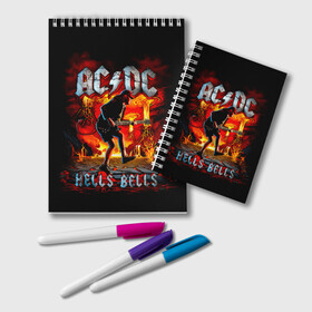 Блокнот с принтом AC/DC HELLS BELLS в Екатеринбурге, 100% бумага | 48 листов, плотность листов — 60 г/м2, плотность картонной обложки — 250 г/м2. Листы скреплены удобной пружинной спиралью. Цвет линий — светло-серый
 | Тематика изображения на принте: ac dc | acdc | acdc ас дс | angus | back in black | highway to hell | mckinnon | you | австралийская | ангус янг | ас дс | асдс | блюз | в форме | гитара | группа | крис слэйд | метал | молния | музыка | певец | рок | рок н ролл | стиви янг