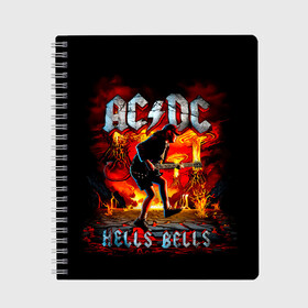 Тетрадь с принтом AC/DC HELLS BELLS в Екатеринбурге, 100% бумага | 48 листов, плотность листов — 60 г/м2, плотность картонной обложки — 250 г/м2. Листы скреплены сбоку удобной пружинной спиралью. Уголки страниц и обложки скругленные. Цвет линий — светло-серый
 | Тематика изображения на принте: ac dc | acdc | acdc ас дс | angus | back in black | highway to hell | mckinnon | you | австралийская | ангус янг | ас дс | асдс | блюз | в форме | гитара | группа | крис слэйд | метал | молния | музыка | певец | рок | рок н ролл | стиви янг