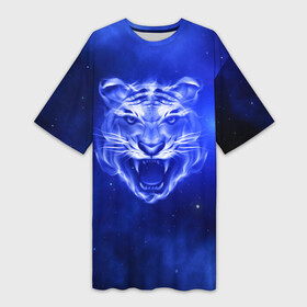 Платье-футболка 3D с принтом Космический тигр в Екатеринбурге,  |  | cat | neon | new year | tiger | восточный гороскоп | год тигра | голова | день рождения | дикие животные | зверь | злой кот | злой тигр | кот | кошак | кошка | неоновый | новый год | огненный | оскал | подарок