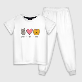 Детская пижама хлопок с принтом PEACE LOVE CATS (Z) в Екатеринбурге, 100% хлопок |  брюки и футболка прямого кроя, без карманов, на брюках мягкая резинка на поясе и по низу штанин
 | cat | cats | love | lovers | peace | кот | коты | любить | любовь | мир | хипи | хиппи