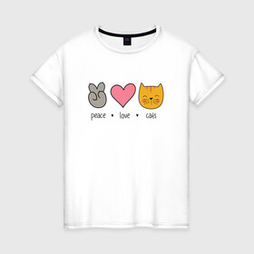 Женская футболка хлопок с принтом PEACE LOVE CATS (Z) в Екатеринбурге, 100% хлопок | прямой крой, круглый вырез горловины, длина до линии бедер, слегка спущенное плечо | cat | cats | love | lovers | peace | кот | коты | любить | любовь | мир | хипи | хиппи