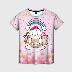 Женская футболка 3D с принтом Милая кошечка в чашке кофе в Екатеринбурге, 100% полиэфир ( синтетическое хлопкоподобное полотно) | прямой крой, круглый вырез горловины, длина до линии бедер | кот | котик | котята | кофе | кошечка | кошка | радуга | чашка кофе