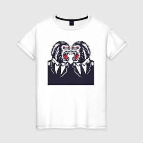 Женская футболка хлопок с принтом Злые обезьяны в костюмах в Екатеринбурге, 100% хлопок | прямой крой, круглый вырез горловины, длина до линии бедер, слегка спущенное плечо | monkey | гориллы | обезьяны | планета обезьян | человек   обезьяна