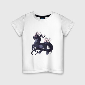 Детская футболка хлопок с принтом Зверь весны в Екатеринбурге, 100% хлопок | круглый вырез горловины, полуприлегающий силуэт, длина до линии бедер | арт | весна | конь | лошадь | рисунок | розовые цветы | розовый цветок | сакура | фантастический зверь | фантастическое животное | цветок | цветок сакуры | цветы | цветы сакуры | черная лошадь