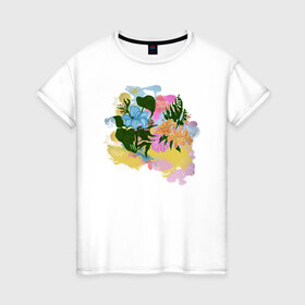 Женская футболка хлопок с принтом Цветы акварель в Екатеринбурге, 100% хлопок | прямой крой, круглый вырез горловины, длина до линии бедер, слегка спущенное плечо | flowers | watercolors | акварель | краски | лилия | цветы