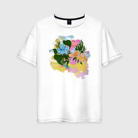 Женская футболка хлопок Oversize с принтом Цветы акварель в Екатеринбурге, 100% хлопок | свободный крой, круглый ворот, спущенный рукав, длина до линии бедер
 | flowers | watercolors | акварель | краски | лилия | цветы