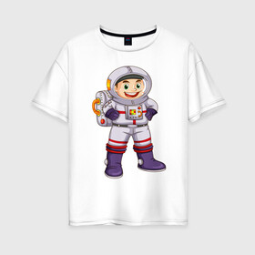 Женская футболка хлопок Oversize с принтом Веселый космонавт в Екатеринбурге, 100% хлопок | свободный крой, круглый ворот, спущенный рукав, длина до линии бедер
 | астронавт | веселый космонавт | космический корабль | космонавт | космос | скафандр