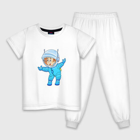 Детская пижама хлопок с принтом Счастливый космонавт в Екатеринбурге, 100% хлопок |  брюки и футболка прямого кроя, без карманов, на брюках мягкая резинка на поясе и по низу штанин
 | Тематика изображения на принте: астронавт | звезды | космонавт | космос | полет в космос | скафандр