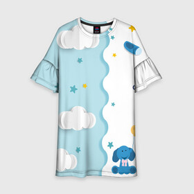 Детское платье 3D с принтом Слоник с Шариком в Екатеринбурге, 100% полиэстер | прямой силуэт, чуть расширенный к низу. Круглая горловина, на рукавах — воланы | детская | детям | для детей | картинки | малышам | малышу | облако | пижама | пижамка | слон | слоник | шарик