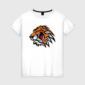 Женская футболка хлопок с принтом Злой Тигр в Екатеринбурге, 100% хлопок | прямой крой, круглый вырез горловины, длина до линии бедер, слегка спущенное плечо | 2022 | animal | cat | lion | tiger | год тигра | животные | зубы | кот | кошка | лев | охотник | полосатый | природа | тигр | тигренок | тигрица | хищник