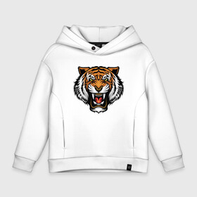 Детское худи Oversize хлопок с принтом Angry Tiger в Екатеринбурге, френч-терри — 70% хлопок, 30% полиэстер. Мягкий теплый начес внутри —100% хлопок | боковые карманы, эластичные манжеты и нижняя кромка, капюшон на магнитной кнопке | 2022 | animal | cat | lion | tiger | год тигра | животные | зубы | кот | кошка | лев | охотник | полосатый | природа | тигр | тигренок | тигрица | хищник