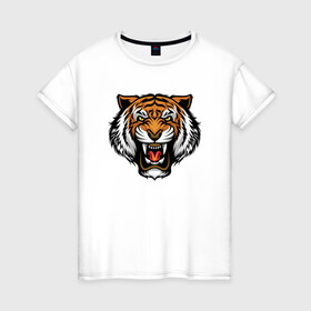 Женская футболка хлопок с принтом Angry Tiger в Екатеринбурге, 100% хлопок | прямой крой, круглый вырез горловины, длина до линии бедер, слегка спущенное плечо | 2022 | animal | cat | lion | tiger | год тигра | животные | зубы | кот | кошка | лев | охотник | полосатый | природа | тигр | тигренок | тигрица | хищник