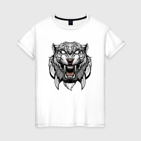 Женская футболка хлопок с принтом Серый Тигр в Екатеринбурге, 100% хлопок | прямой крой, круглый вырез горловины, длина до линии бедер, слегка спущенное плечо | 2022 | animal | cat | lion | tiger | год тигра | животные | зубы | кот | кошка | лев | охотник | полосатый | природа | тигр | тигренок | тигрица | хищник