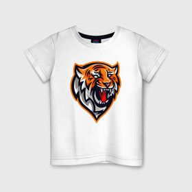 Детская футболка хлопок с принтом Tiger Scream в Екатеринбурге, 100% хлопок | круглый вырез горловины, полуприлегающий силуэт, длина до линии бедер | Тематика изображения на принте: 2022 | animal | cat | lion | tiger | год тигра | животные | зубы | кот | кошка | лев | охотник | полосатый | природа | тигр | тигренок | тигрица | хищник