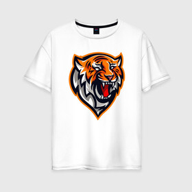 Женская футболка хлопок Oversize с принтом Tiger Scream в Екатеринбурге, 100% хлопок | свободный крой, круглый ворот, спущенный рукав, длина до линии бедер
 | Тематика изображения на принте: 2022 | animal | cat | lion | tiger | год тигра | животные | зубы | кот | кошка | лев | охотник | полосатый | природа | тигр | тигренок | тигрица | хищник