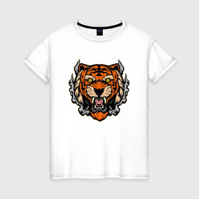 Женская футболка хлопок с принтом Smoke Tiger в Екатеринбурге, 100% хлопок | прямой крой, круглый вырез горловины, длина до линии бедер, слегка спущенное плечо | 2022 | animal | cat | lion | tiger | год тигра | животные | зубы | кот | кошка | лев | охотник | полосатый | природа | тигр | тигренок | тигрица | хищник