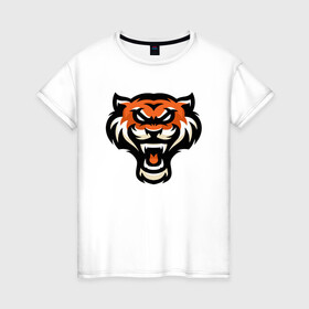 Женская футболка хлопок с принтом Тигр в Екатеринбурге, 100% хлопок | прямой крой, круглый вырез горловины, длина до линии бедер, слегка спущенное плечо | 2022 | animal | cat | lion | tiger | год тигра | животные | зубы | кот | кошка | лев | охотник | полосатый | природа | тигр | тигренок | тигрица | хищник