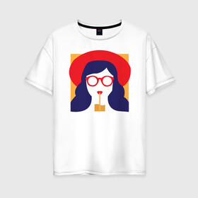 Женская футболка хлопок Oversize с принтом Девушка с коктейлем в Екатеринбурге, 100% хлопок | свободный крой, круглый ворот, спущенный рукав, длина до линии бедер
 | брюнетка | девушка | очки | пин арт | стакан | шляпа