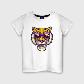 Детская футболка хлопок с принтом Тигр в очках в Екатеринбурге, 100% хлопок | круглый вырез горловины, полуприлегающий силуэт, длина до линии бедер | 2022 | animal | cat | lion | tiger | год тигра | животные | зверь | зубы | кот | кошка | лев | охотник | очки | полосатый | природа | тигр | тигренок | тигрица | хипстер | хищник