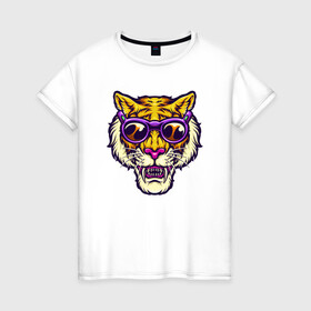 Женская футболка хлопок с принтом Тигр в очках в Екатеринбурге, 100% хлопок | прямой крой, круглый вырез горловины, длина до линии бедер, слегка спущенное плечо | 2022 | animal | cat | lion | tiger | год тигра | животные | зверь | зубы | кот | кошка | лев | охотник | очки | полосатый | природа | тигр | тигренок | тигрица | хипстер | хищник