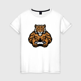 Женская футболка хлопок с принтом Тигр Геймер в Екатеринбурге, 100% хлопок | прямой крой, круглый вырез горловины, длина до линии бедер, слегка спущенное плечо | 2022 | animal | cat | gamer | lion | tiger | год тигра | джойстик | животные | зверь | зубы | игра | кот | кошка | лев | охотник | полосатый | природа | приставка | тигр | тигренок | тигрица | хищник